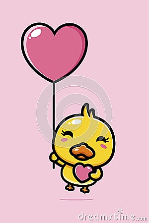 Cute duck animal cartoon character flying with a balloon shaped love Vector Illustration