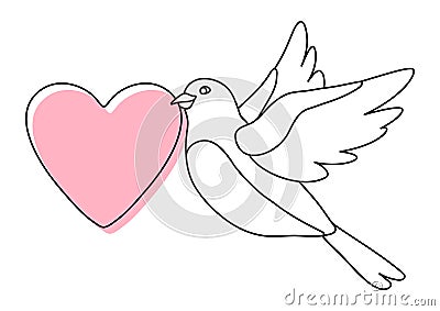 Illustration of cute flying bird and holding heart. Image of birdie in simple style. Vector Illustration