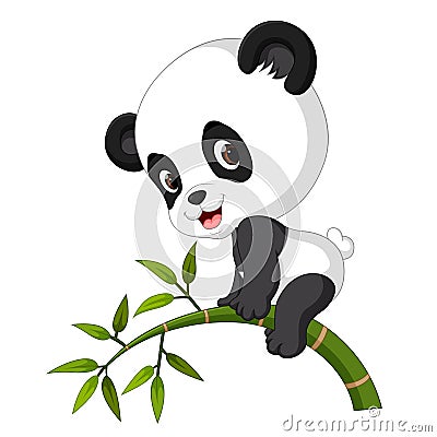 Cute funny baby panda hanging on the bamboo Vector Illustration