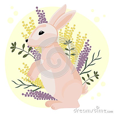 Illustration, cute gentle pink rabbit in wildflowers on a gentle background. Children's print, postcard, poster Vector Illustration