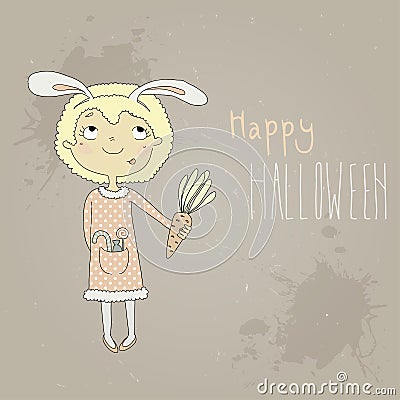 Illustration of a cute girl in a bunny suit. Postc Vector Illustration