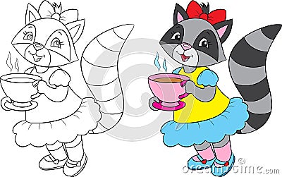 Before and after illustration of a cute girl raccoon, drinking tea, in black and white and in color, for coloring book Vector Illustration