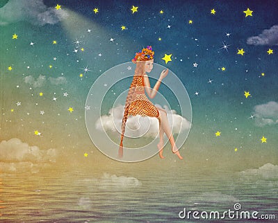 Illustration of a cute girl sitting on the moon in night sky Cartoon Illustration