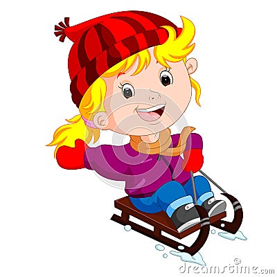 Cute girl sledding in snow Vector Illustration