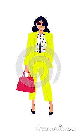 Illustration of a cute girl in a yellow suit. Vector. Woman shopper shopper with purchases. Casual style of dress. Flat style. Ima Vector Illustration