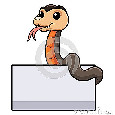 Cute golden crowned snake cartoon with blank sign Vector Illustration