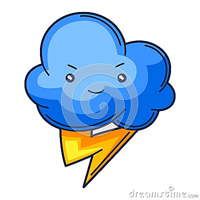 Illustration of cute kawaii cloud with lightning. Funny seasonal child illustration. Vector Illustration