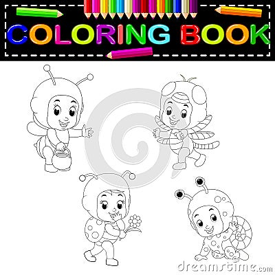 Cute kids cartoon wearing animal costume coloring book Vector Illustration