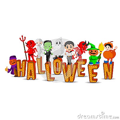 Cute kids wearing halloween costumes Vector Illustration