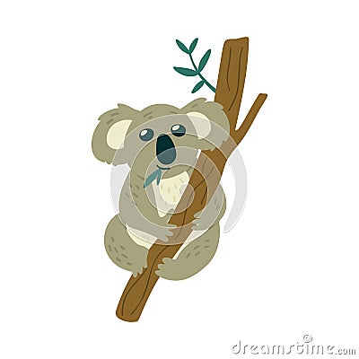 Illustration of Cute Koala Bear sits on the tree and eats leaves. Vector Illustration