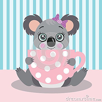 Illustration of cute koala holding a big pink cup tea Vector Illustration