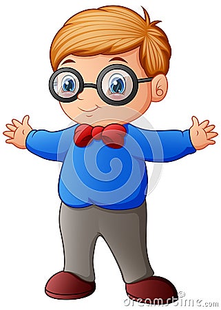 Cute little boy in blue shirt and eyeglasses Vector Illustration