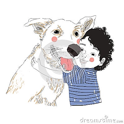 Illustration of a cute little boy hugging his friend big dog. True friendship concert. Carrying of pets concept. Can be Stock Photo