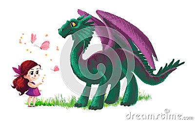 Illustration of cute little girl and friendly dinosaur Cartoon Illustration