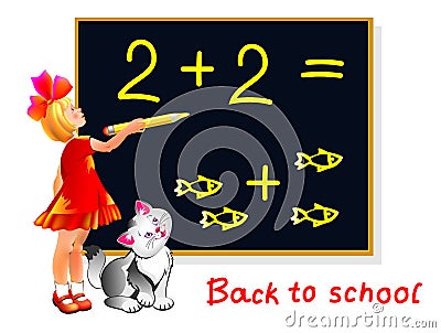Illustration of cute little girl learning count and write numbers. Back to school. Cover for kids textbook. Vector Illustration