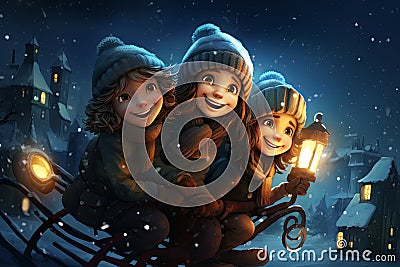 illustration of cute little kids in winter outfit fascinated looking at snowfall. cartoon. Cartoon Illustration