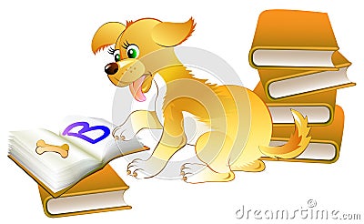 Illustration of cute little puppy learning to read the book. Vector Illustration