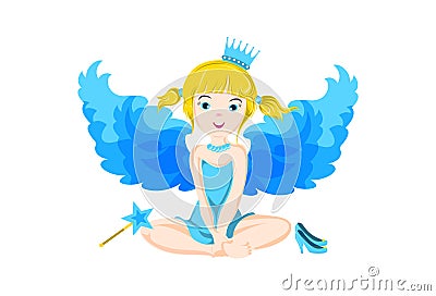 Illustration of cute little sitting fairy with blue wings Stock Photo