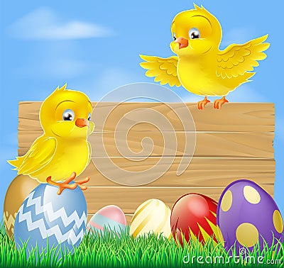 Easter chicks and wooden sign Vector Illustration