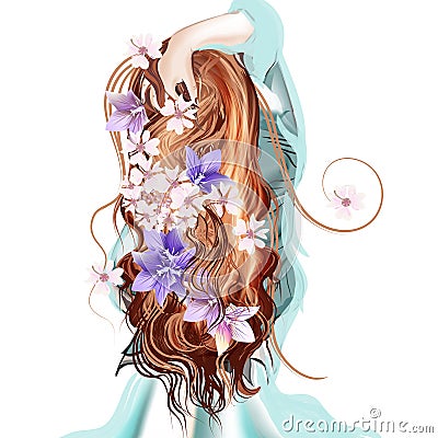 Illustration with cute long hared girl standing back Cartoon Illustration
