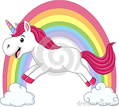 Cute magical unicorn walking on the clouds and rainbow Vector Illustration
