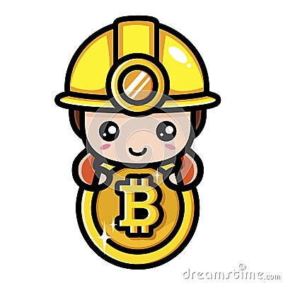 Cute male cartoon character as bitcoin miner holding big bitcoin coin Vector Illustration