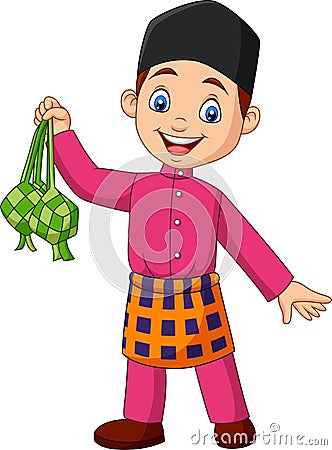 Cute muslim boy holding a ketupat Vector Illustration