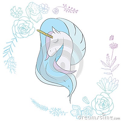 Illustration with cute mystic unicorn animal Vector Illustration