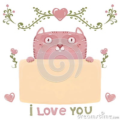 Illustration of a cute pink funny cat holding a banner for an inscription. Set of elements: hearts, curls, banner, flowers in the Stock Photo