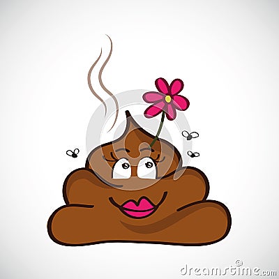 Illustration of cute poop with happy face and pink fower Vector Illustration