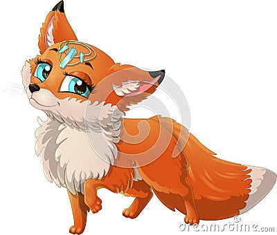 Illustration of cute red fox cartoon in crystal crown isolated on white background Vector Illustration