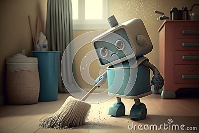 An illustration of a cute sad robot sweeping the floor at home Cartoon Illustration