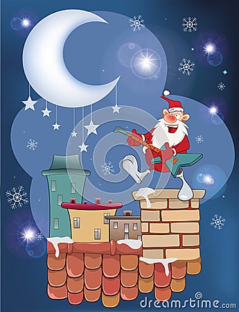 Illustration of the Cute Santa Claus Jazz Guitarist on the Roof Vector Illustration