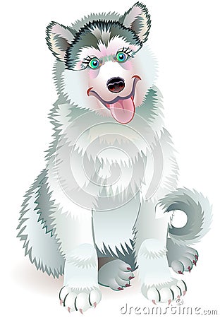 Illustration of cute sitting husky puppy. Vector Illustration