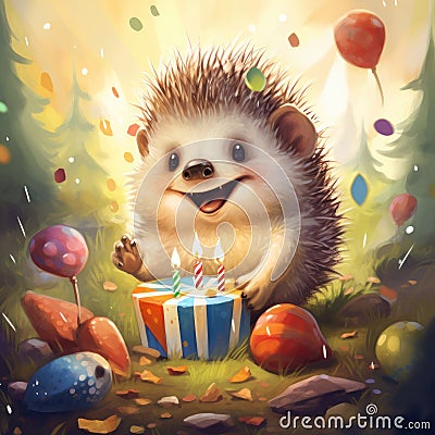 Illustration of a cute smiling hedgehog with a birthday cake. Stock Photo