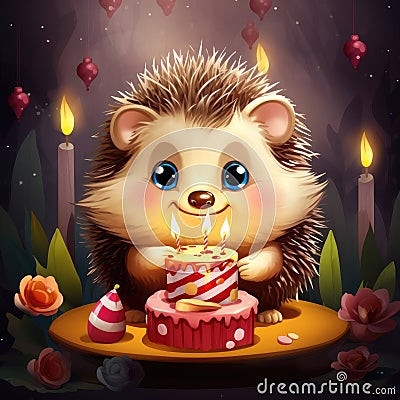 Illustration of a cute smiling hedgehog with a birthday cake. Stock Photo