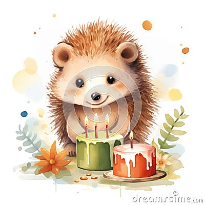 Illustration of a cute smiling hedgehog with a birthday cake. Stock Photo
