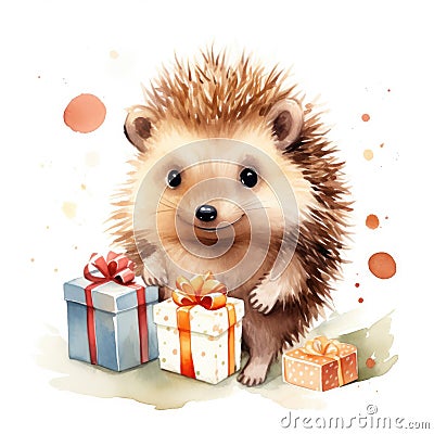 Illustration of a cute smiling hedgehog with gifts around. Stock Photo