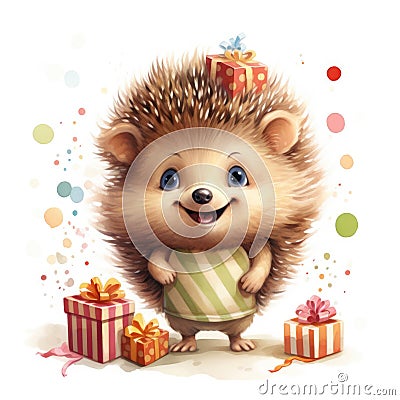 Illustration of a cute smiling hedgehog with gifts around Stock Photo