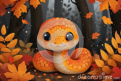 Illustration of a cute smiling snake among autumn leaves, depicting the 2025 year of snake calendar. Stock Photo