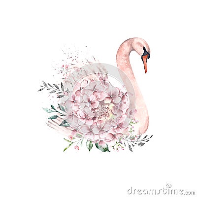 Illustration of a cute swan with flowers and leaves decoration. Watercolor. Stock Photo