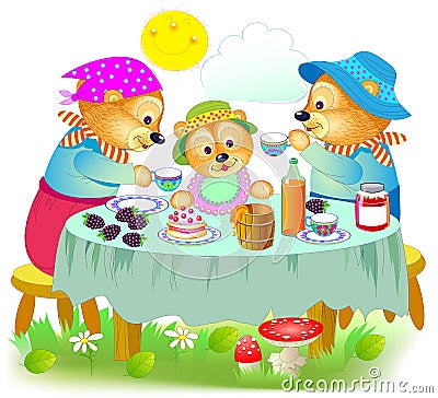 Illustration of cute three bears family eating the breakfast. Father, mother and baby sitting at the table. Vector Illustration