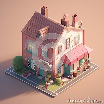 cute tiny isometric two storey house with terrace with Generative AI Cartoon Illustration