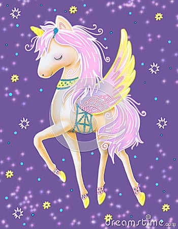 Illustration with a cute unicorn with wings on a purple, starry background Stock Photo