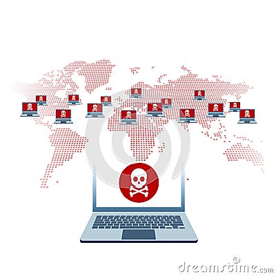 Illustration of cybersecurity, world wide computer controlled by a botnet master. Botnet is a number of Internet-connected devices Stock Photo