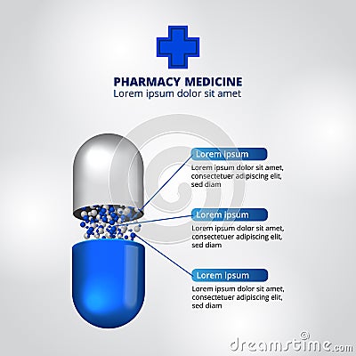 Illustration of 3D capsule pill medicine pharmacy infographic data visualization healthcare nutrition ingredients Stock Photo