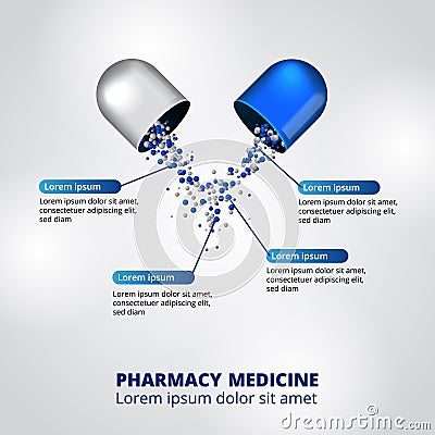 Illustration of 3D capsule pill medicine pharmacy infographic data visualization healthcare nutrition ingredients Stock Photo