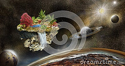 Illustration 3d fantasy island in space Stock Photo