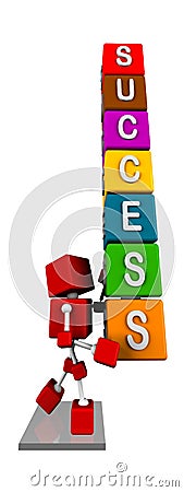 Illustration of 3d red cube character carrying colourful cubes with success word Stock Photo