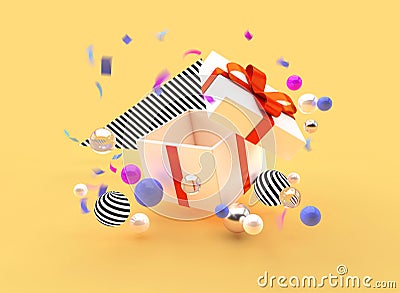 Illustration of 3D render gift holiday promotion banner box balls Stock Photo